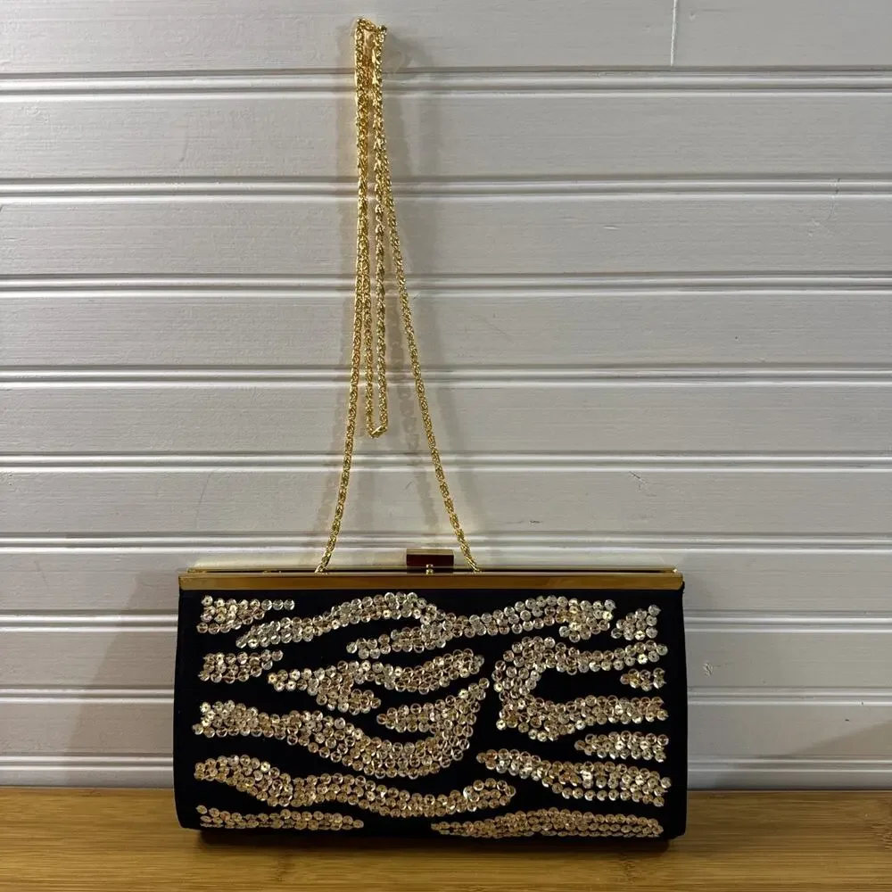 Diane Gilman Evening Clutch Bag Black Gold Sequin Zebra Stripe Frame Chain Purse